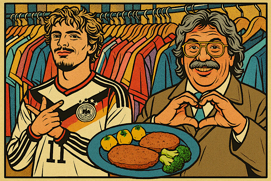 Ob DFB-Trikot oder Horst Schlämmer (r.), ob Retro-Kleidung oder sogar das Gericht falscher Hase (unten) – die alten Zeiten sind zurück!