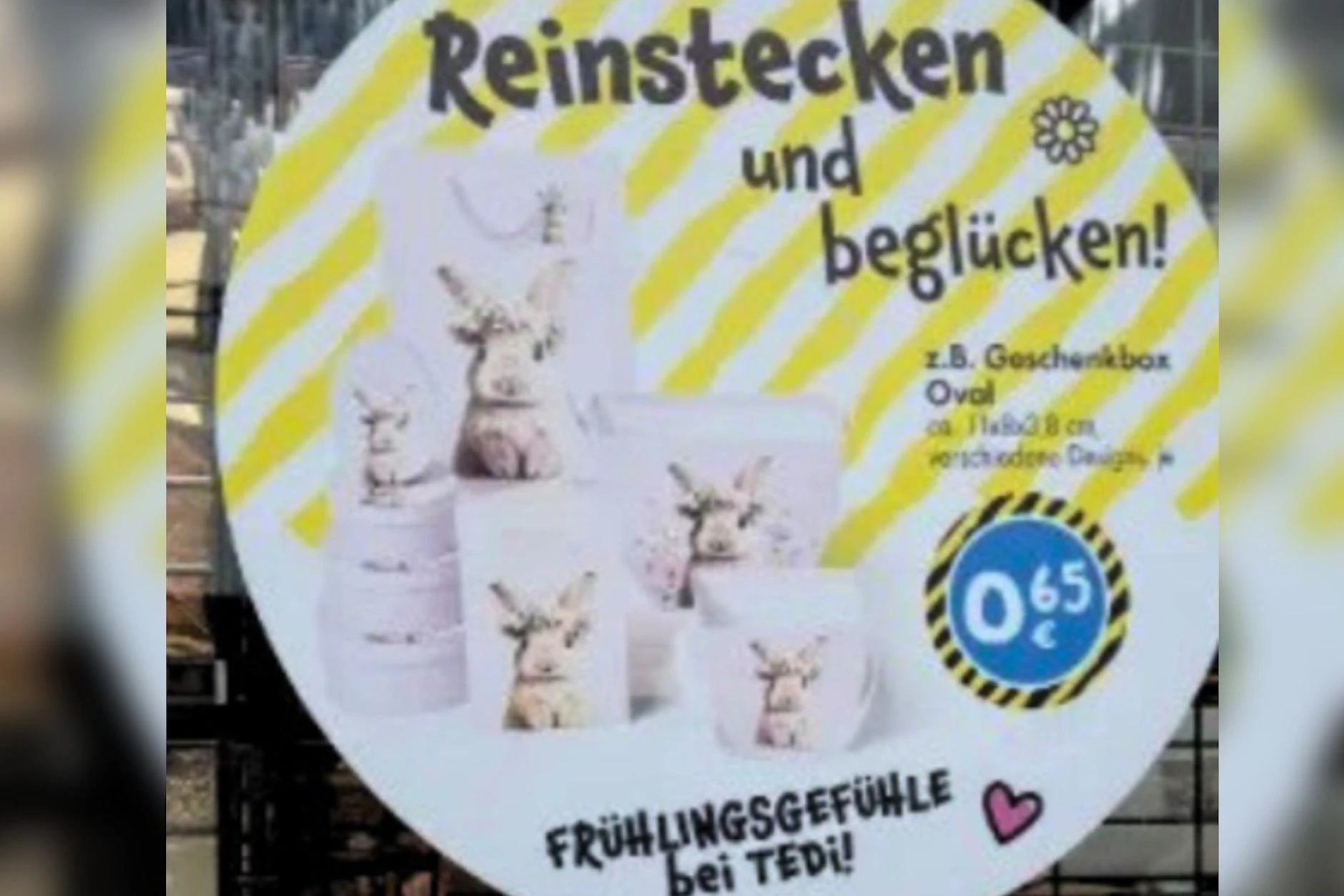 "Reinstecken und beglücken": Ein Tedi-Plakat für Ostergeschenkboxen.