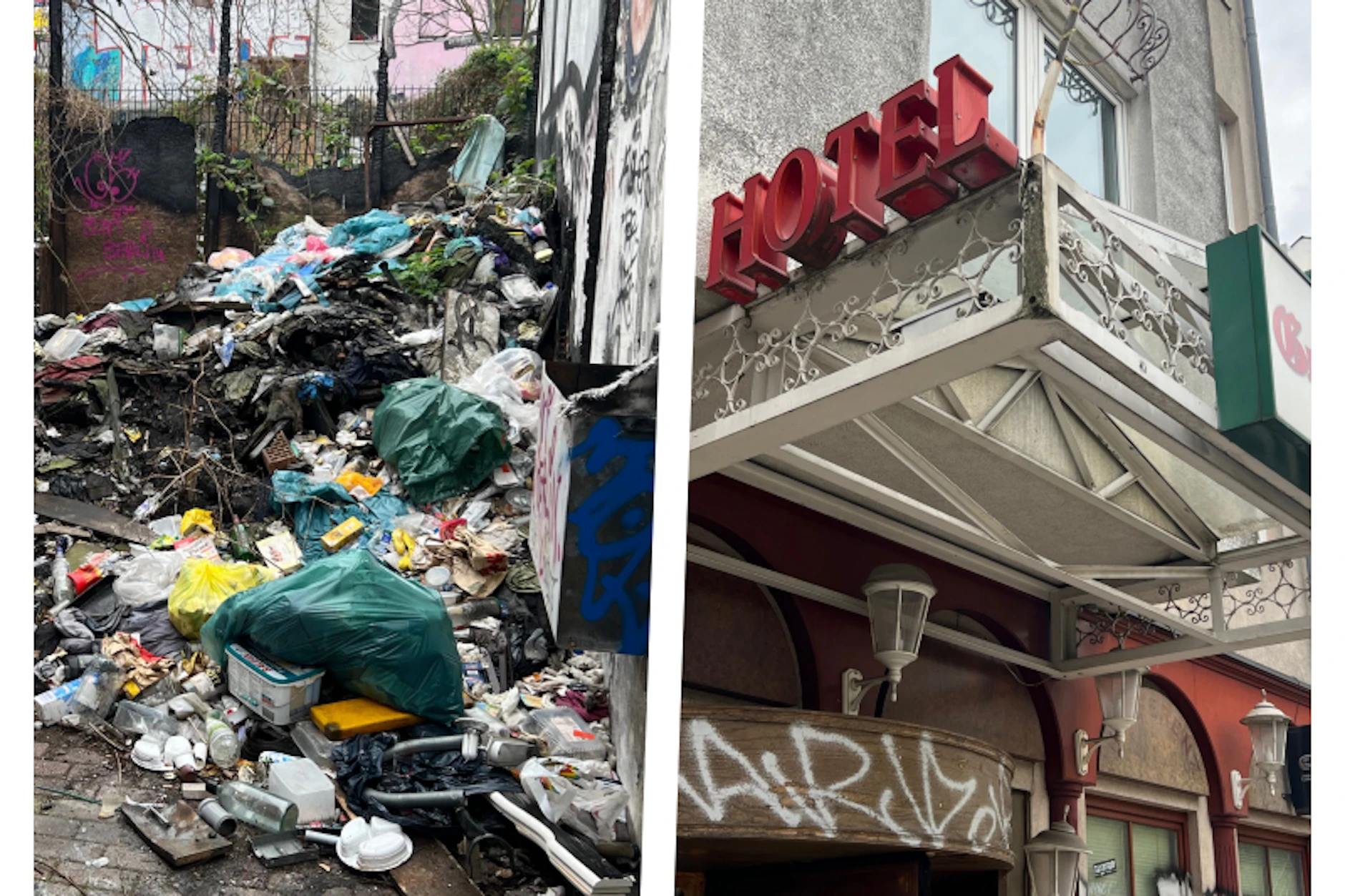 Durch den Eingang des Hotels (r.) geht niemand mehr, auf dem Hinterhof liegt der Müll.