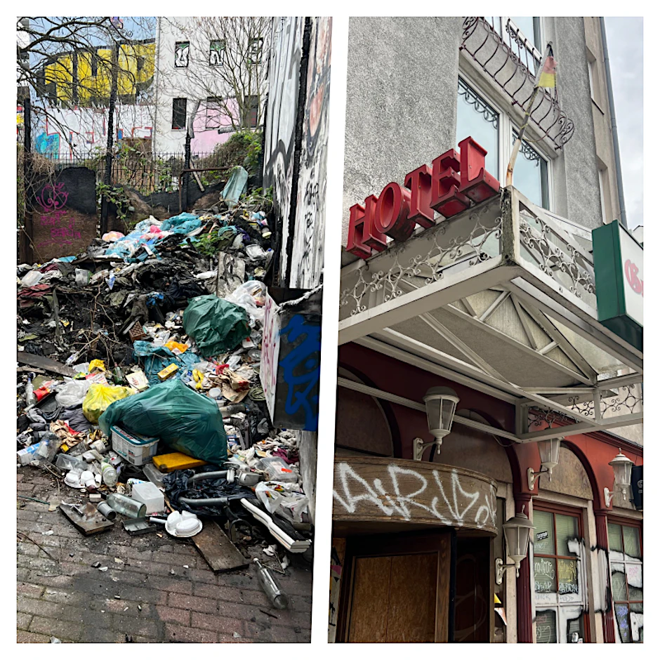 Durch den Eingang des Hotels (r.) geht niemand mehr, auf dem Hinterhof liegt der Müll.