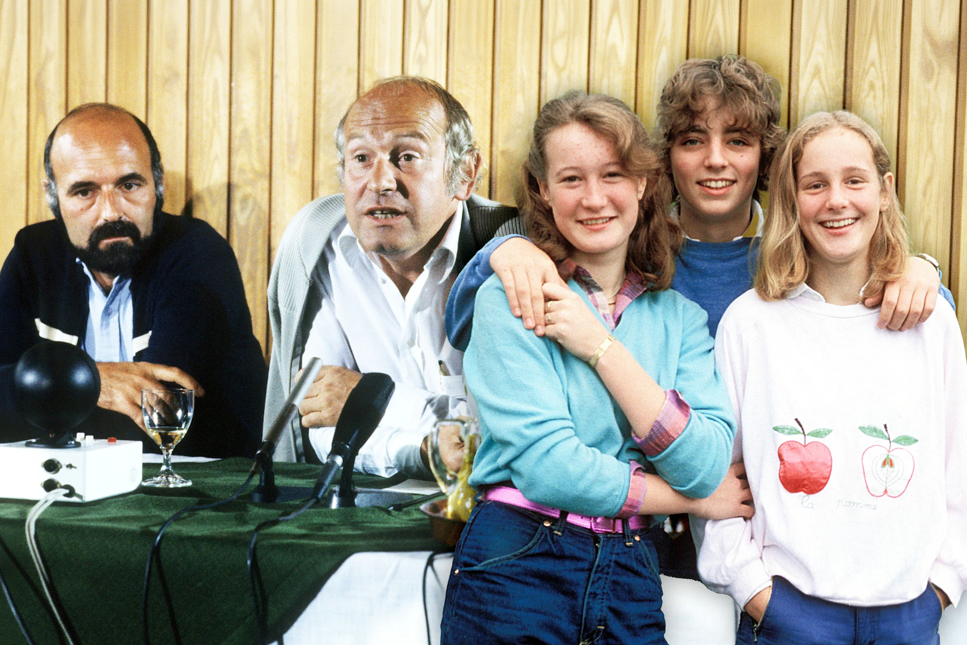 Journalist Dieter Kronzucker und Schwager Ralf Wächtler (ganz l.) bei einer Pressekonferenz zur Freilassung ihrer Kinder (r.).