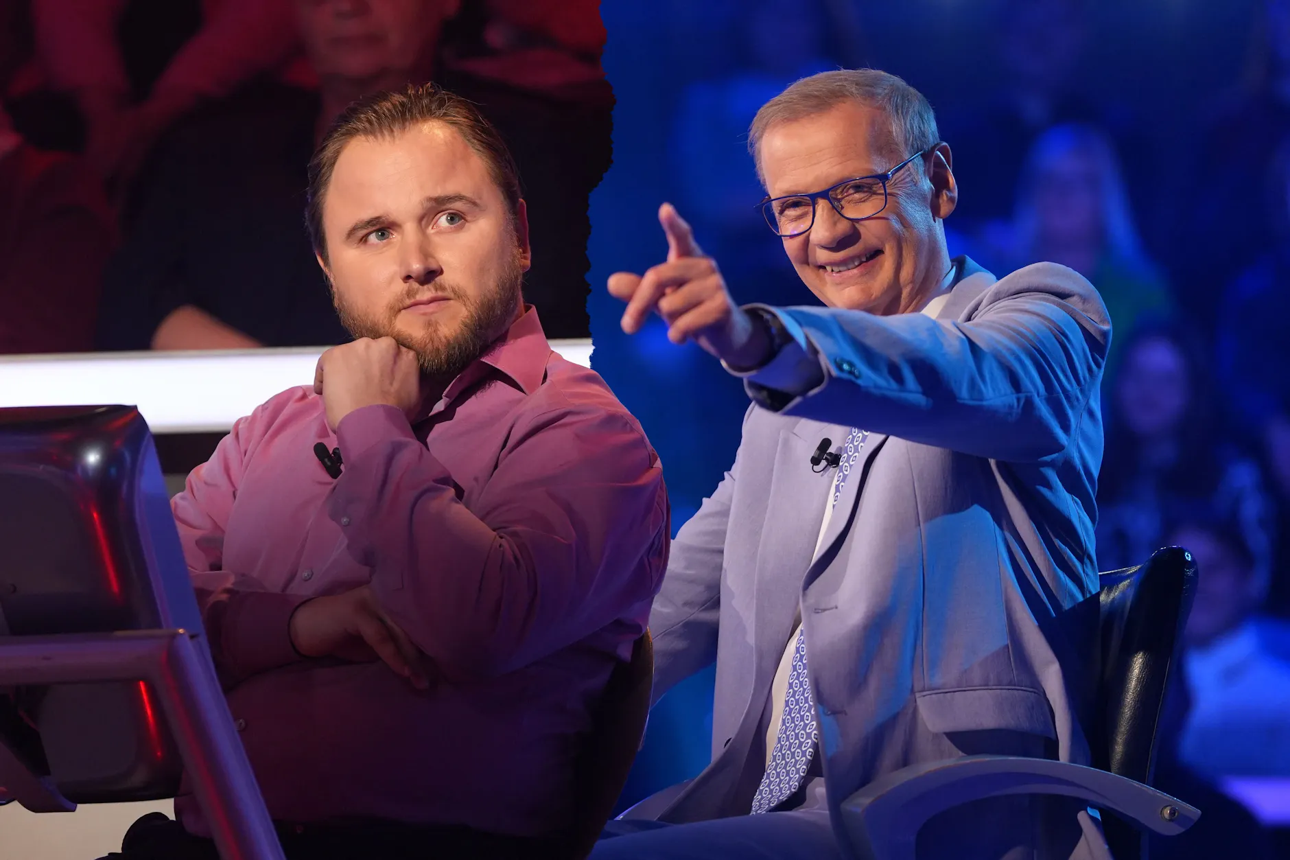 Günther Jauch und Tobias Fuchs im Studio von „Wer wird Millionär?“. Der Satz „Wie haben sie sich gefreut, sind sich um den Hals gefallen, sind herumgesprungen und haben sich geküsst!“ kommt aus einem berühmten Text – aber aus welchem?