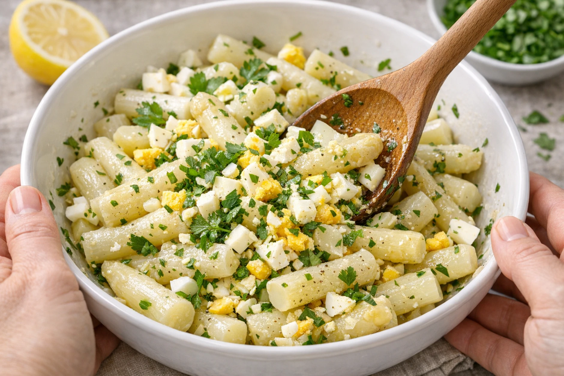 Der Spargelsalat geht schnell und einfach - und überzeugt nicht nur durch seine simplen Zutaten, sondern auch durch den tollen Geschmack.