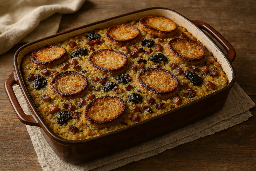 Fertiger Aschkloß direkt aus dem Ofen. Der besondere Kartoffelauflauf wird mit Weißbrotscheiben überbacken.