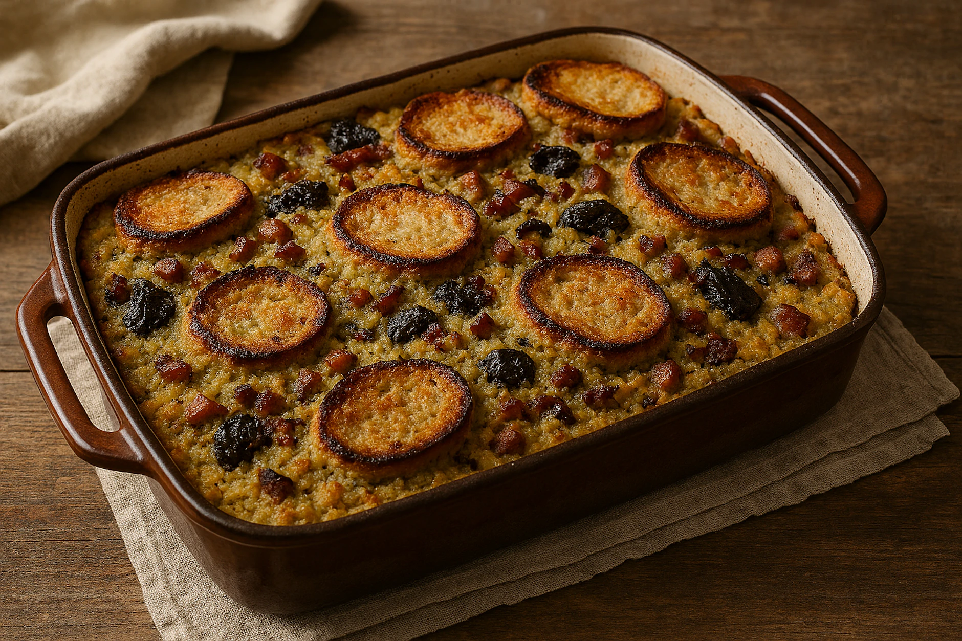 Fertiger Aschkloß direkt aus dem Ofen. Der besondere Kartoffelauflauf wird mit Weißbrotscheiben überbacken.
