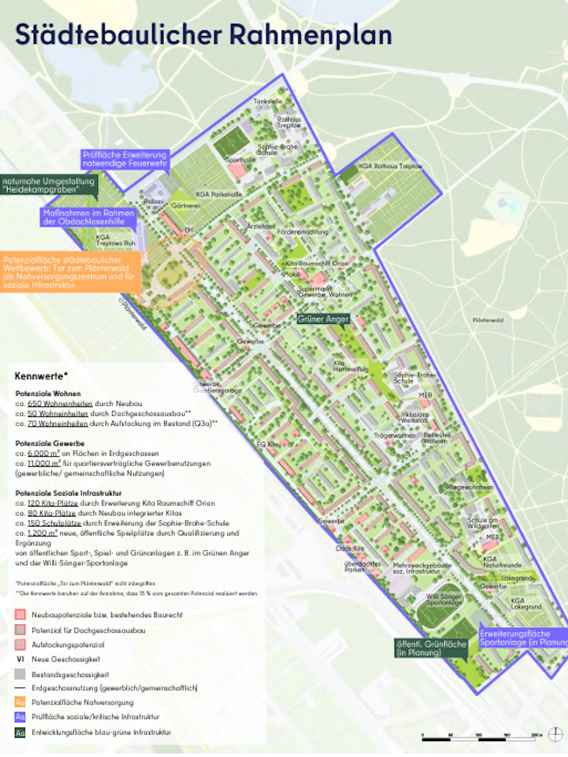 Das ist der städtebauliche Rahmenplan für das Quartier Plänterwald. Eingezeichnet ist auch, wo überall Wohnungen gebaut werden sollen.