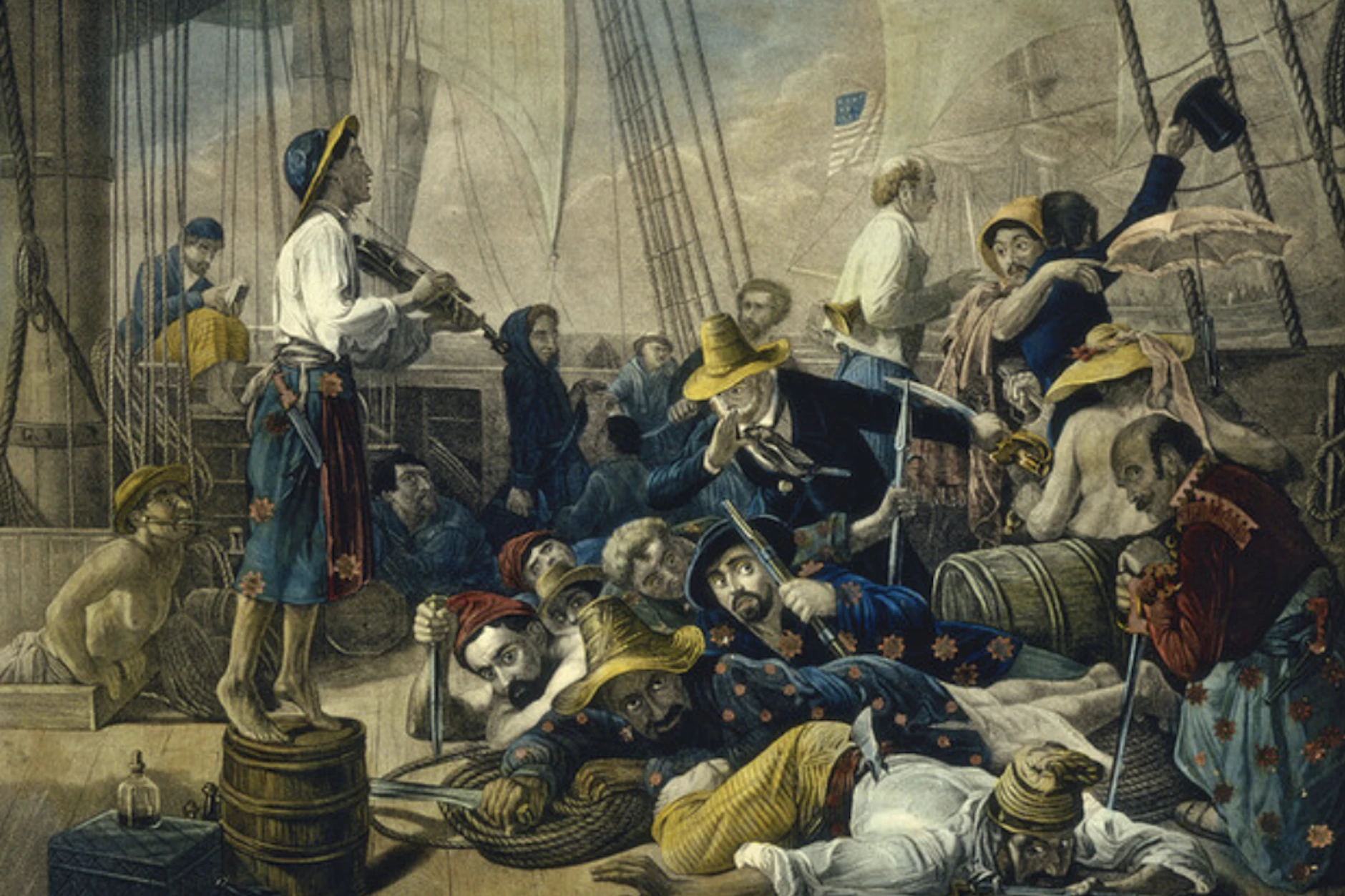 Enterversuch von Piraten in einem Gemälde von Auguste-Francois Biard, 19. Jahrhundert