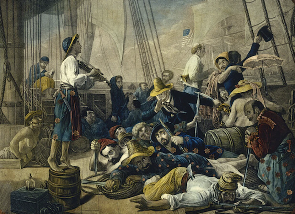 Enterversuch von Piraten in einem Gemälde von Auguste-Francois Biard, 19. Jahrhundert