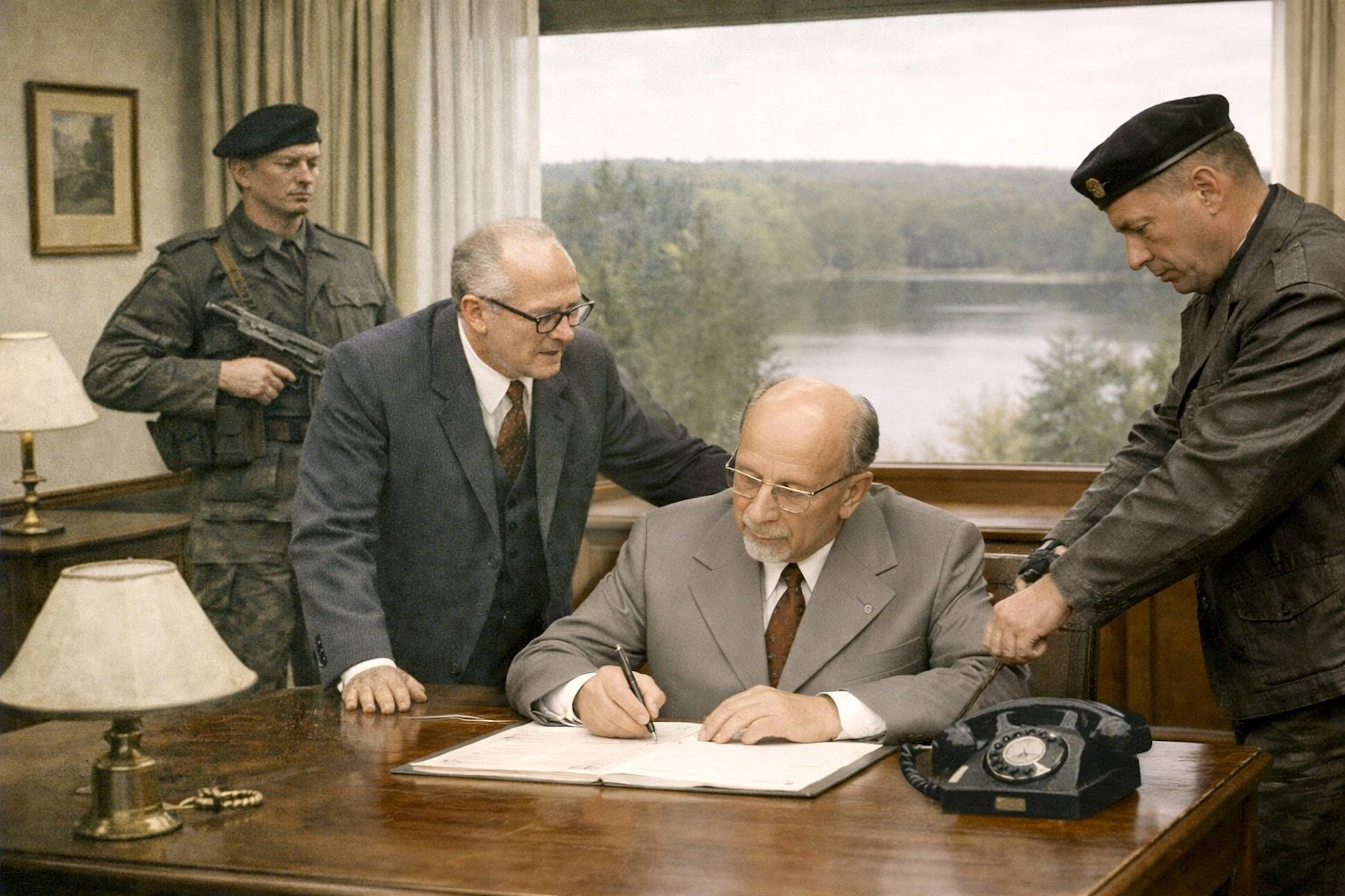 So sieht eine KI den Tag des Honecker-Putsches am 26. April 1971: Erich Honecker fährt, begleitet von bewaffneten Personenschützern, zum Landsitz von Walter Ulbricht am Großdöllner See und zwingt ihn mit einerr Unterschrift zum Rücktritt.