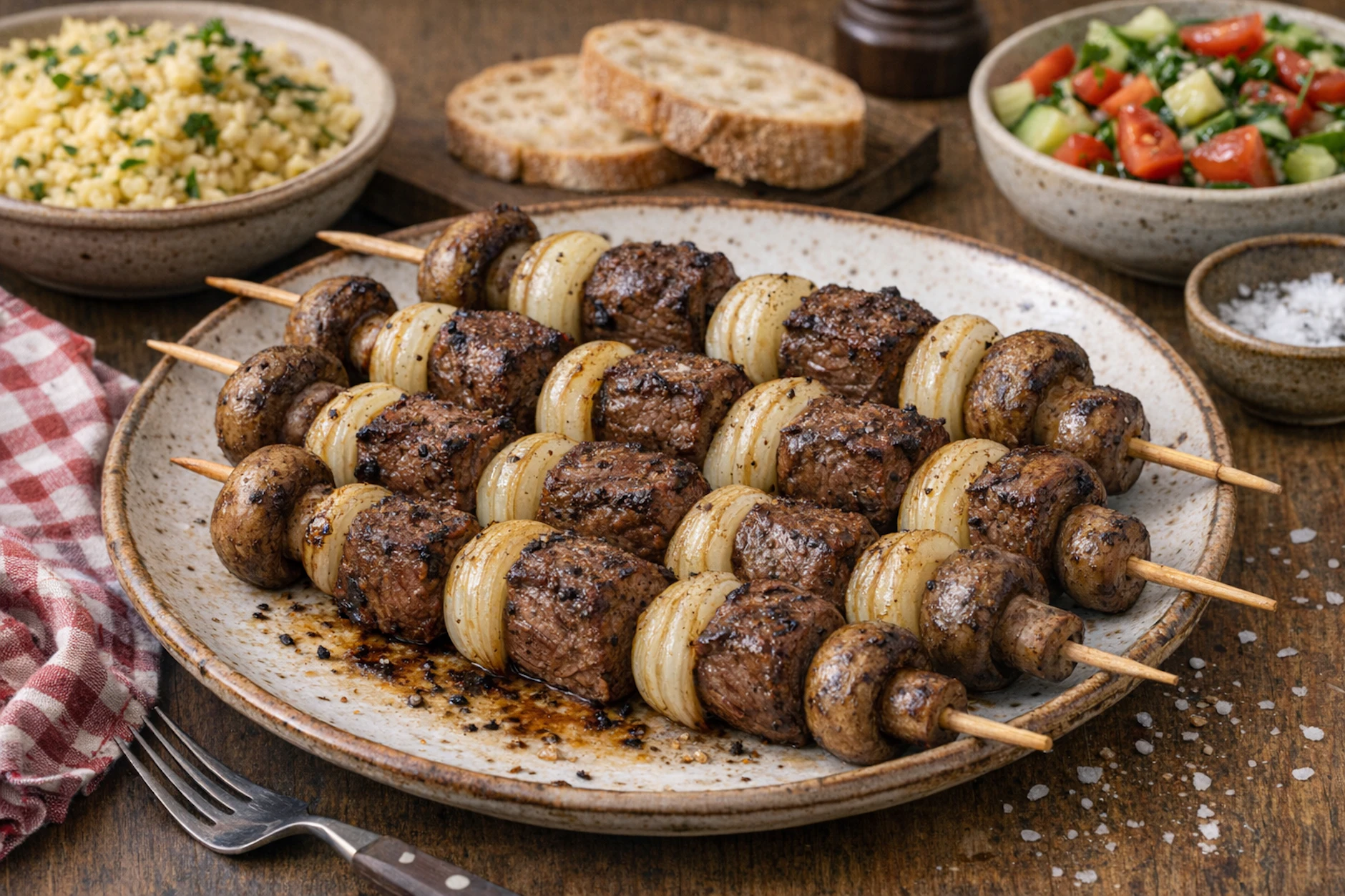 Balkanspieße mit mariniertem Rinfleisch, Pilzen und Zwiebeln sind ein echter Volltreffer für den Grillabend. Dazu ein Kartoffelsalat, schon ist das Essen perfekt.