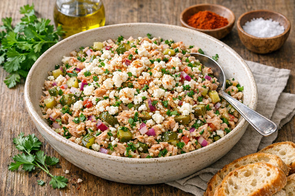 Der fertige Thunfischsalat sollte etwas durchziehen. Frisch aus dem kühlschrank schmeckt er am besten!