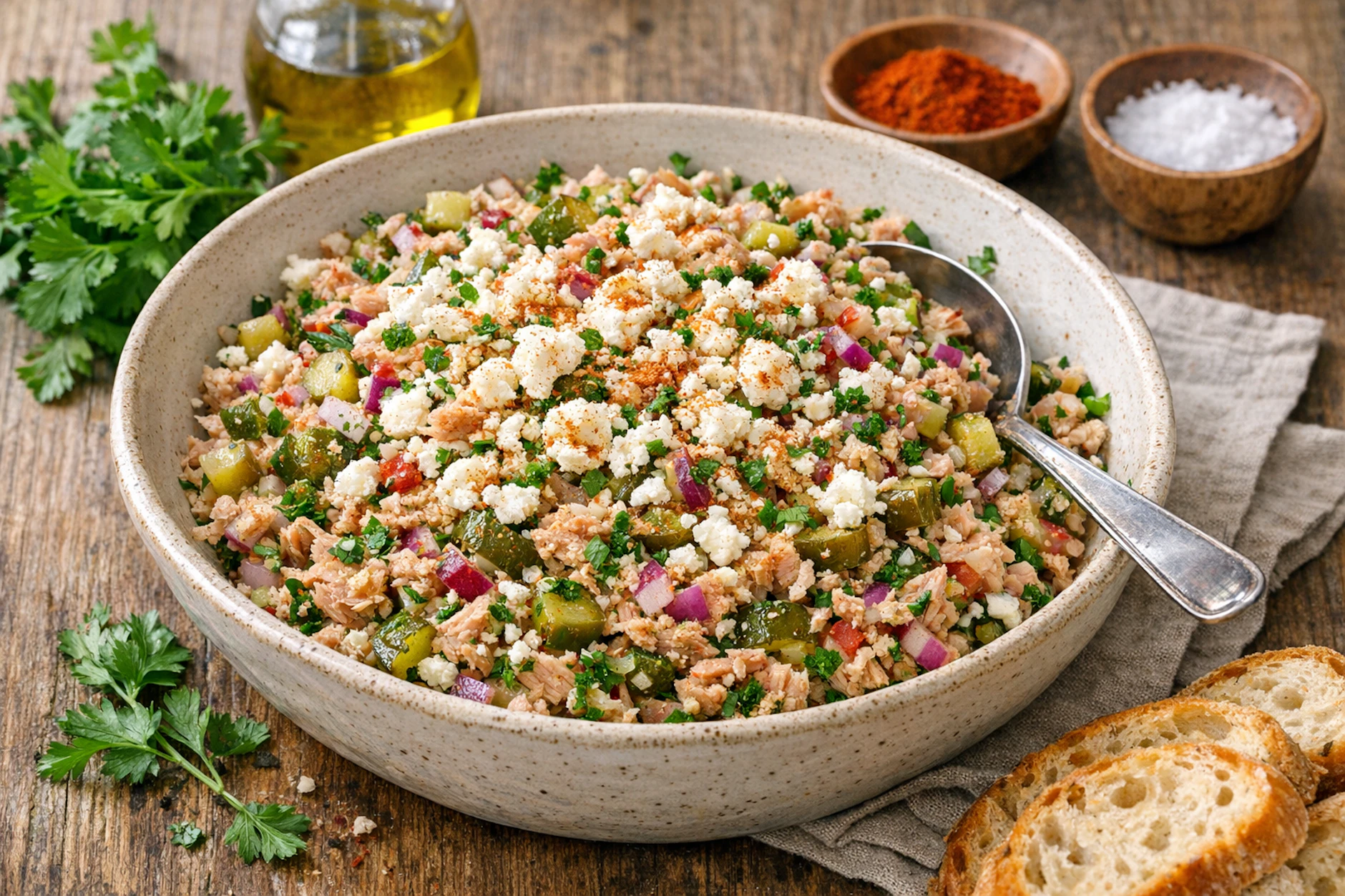 Der fertige Thunfischsalat sollte etwas durchziehen. Frisch aus dem kühlschrank schmeckt er am besten!