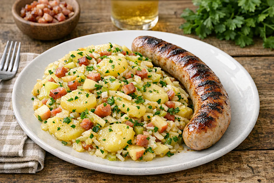 Perfekt mit Thüringer Rostbratwurst: Der Kartoffelsalat rennsteig-Art ist schnell gemacht und schmeckt mal ganz anders als viele andere Kartoffelsalate.