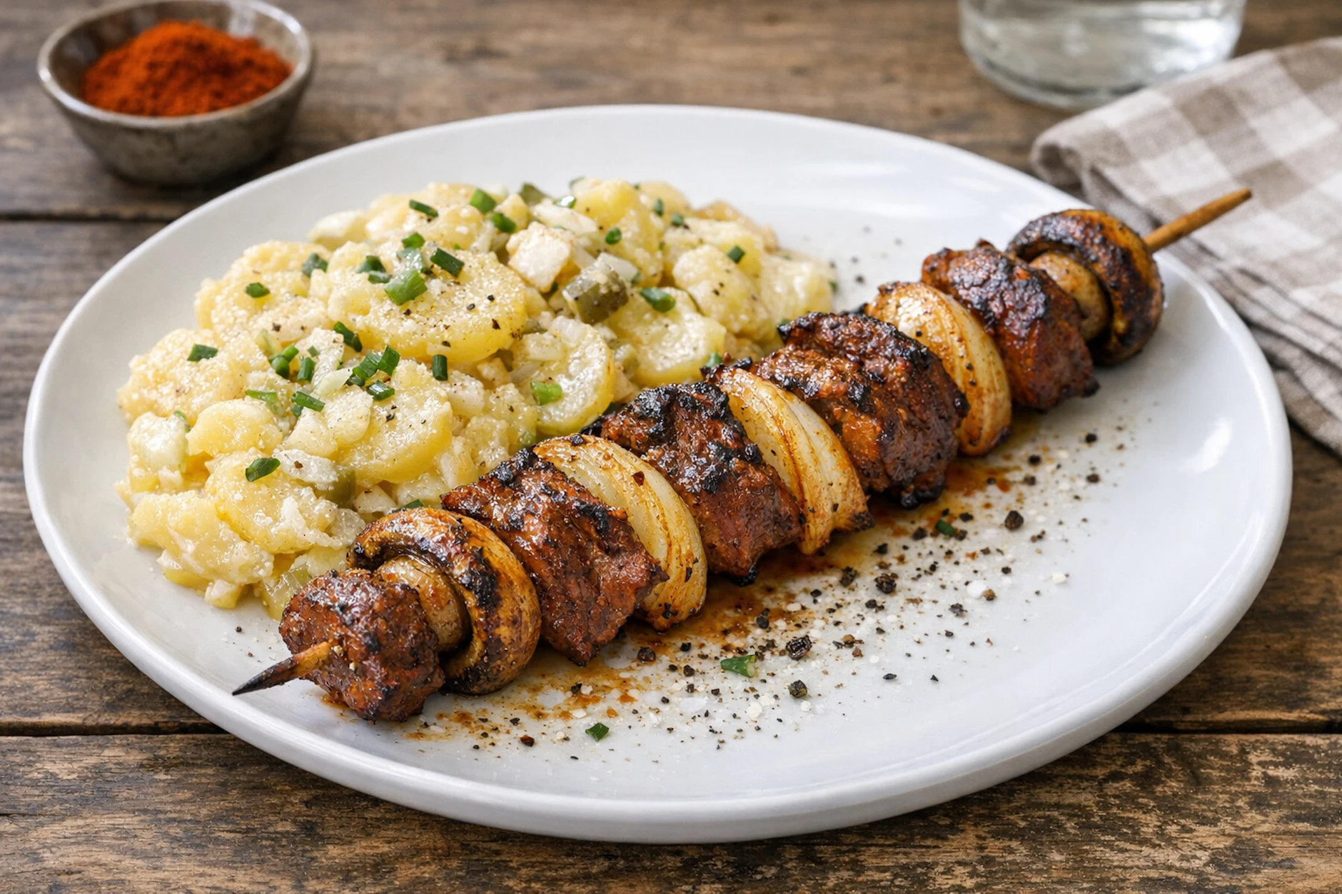 Ein leckerer Balkanspieß mit Kartoffelsalat: Der perfekte Genuss für den ersten Grillabend des Jahres!