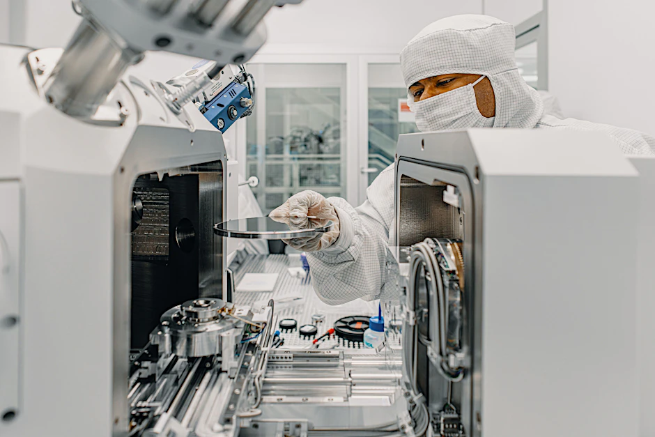 Ein Mitarbeiter von IQM bei der Inspektion von Quantencomputerkomponenten im Laboratorium