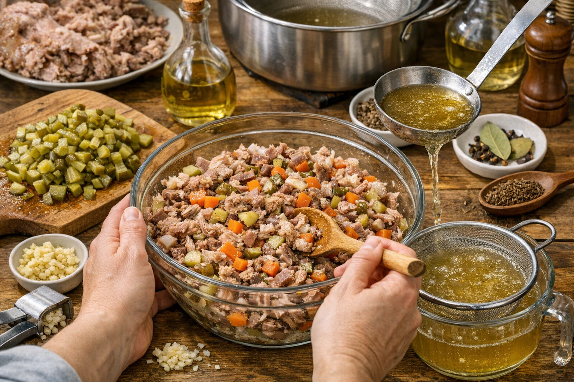 Die Zutaten für die Schüsselsülze werden in einer großen Schüssel vermengt und dann mit der fertigen Brühe übergossen.