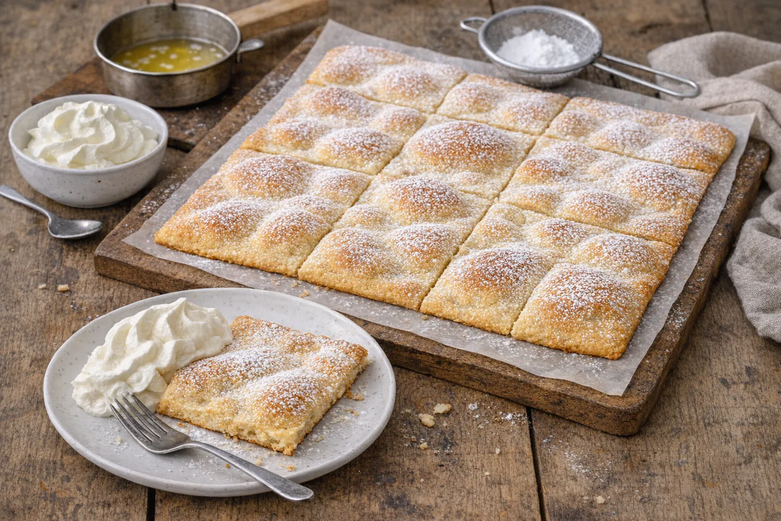 Nach dem Backen wird der Huckelkuchen oder Prophetenkuchen mit Butter eingestrichen und mit Puderzucker bestäubt. Dazu können Sie einen Klecks frische Schlagsahne servieren.