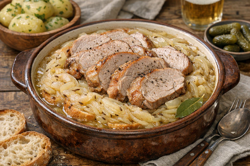Das Sächsische Zwiebelfleisch wird in einem Topf geschichtet und geschmort – das Rezept stammt vom bekannten DDR-Koch Kurt Drummer.