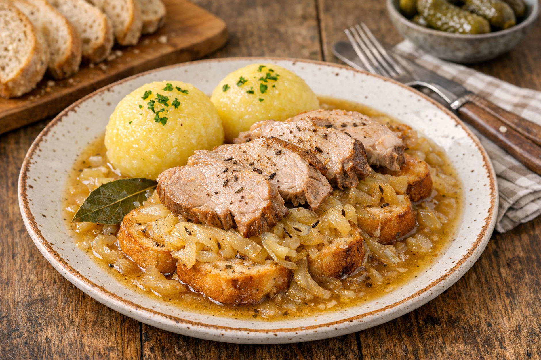 Sächsisches Zwiebelfleisch ist ein Klassiker der Hausmannskost aus Sachsen und wird traditionell mit Kartoffelklößen serviert.