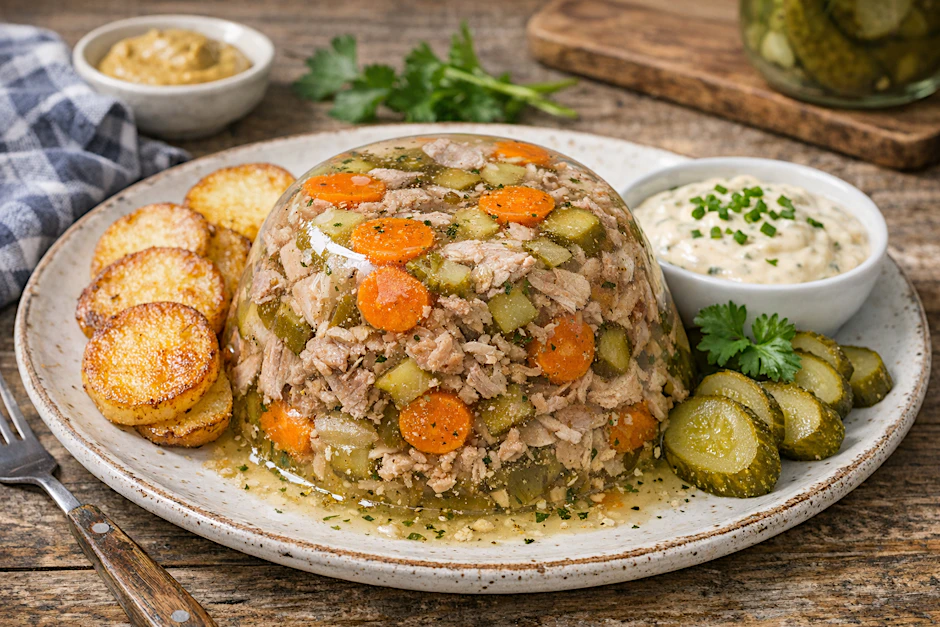 Leckere Schüsselsülze wie von Oma: Mit Bratkartoffeln und Remoulade ist dieses traditionelle GEricht einfach ein Genuss!