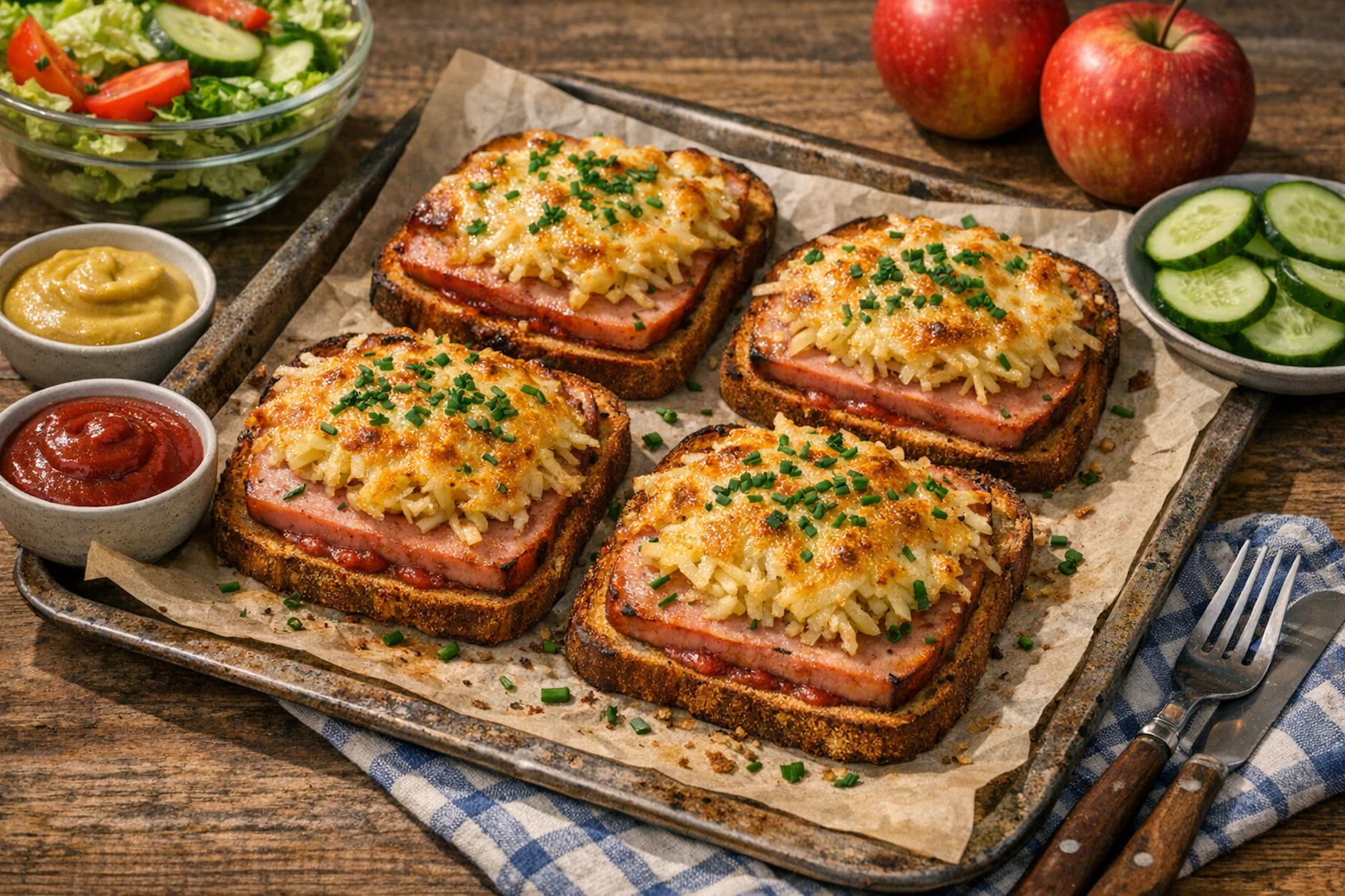 Bauerntoast mit Leberkäse mit geriebenen Äpfeln: Ein Rezept mit einer gewagten Kombination aus Zutaten, doch das Spiel der Aromen macht diese Ofen-Schnitte so besonders.