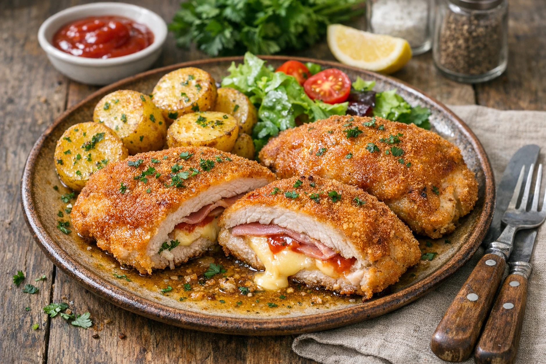 Gefüllte Putenbrust „Hotel Elephant“ erinnert an Cordon bleu, unterscheidet sich aber in einigen Feinheiten von dem gefüllten Schnitzel.