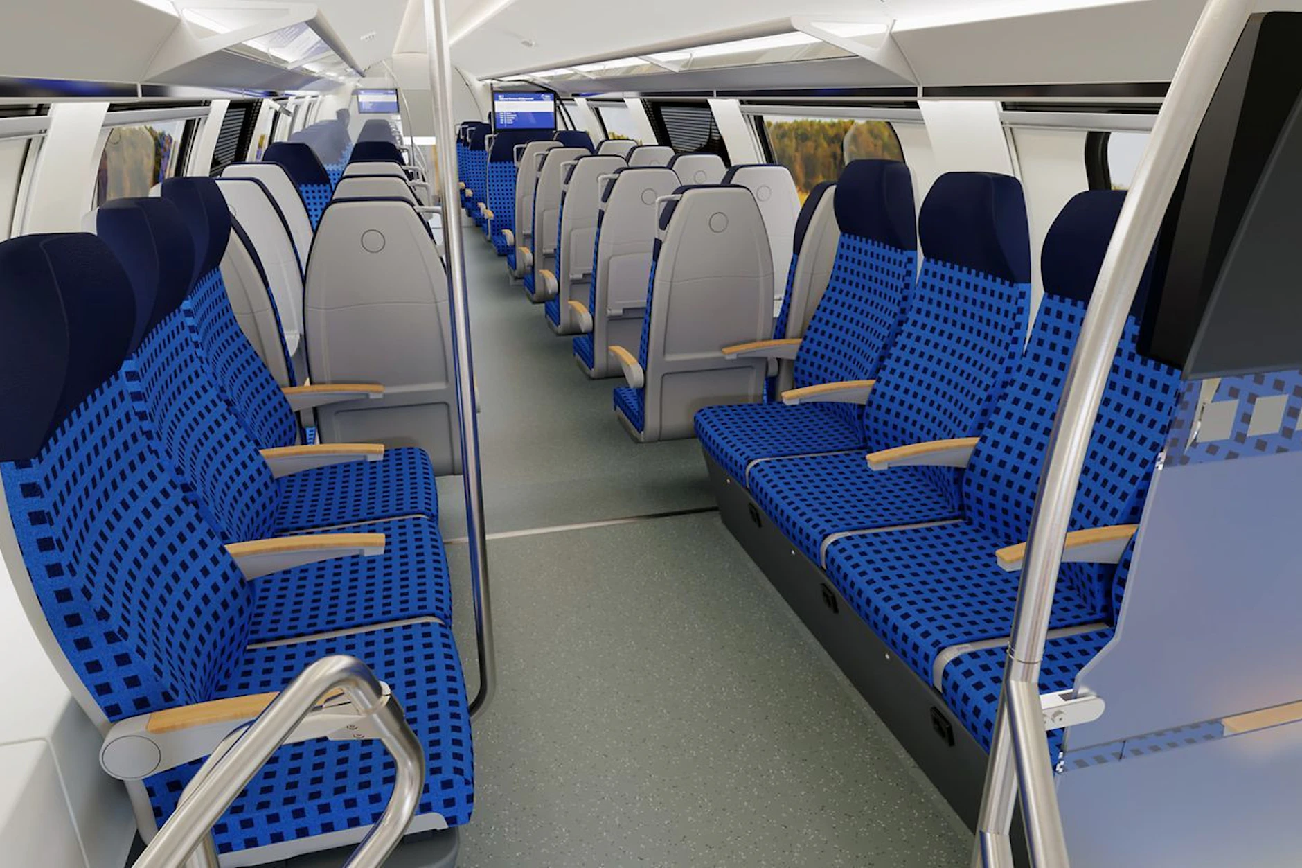 Neue Züge für die Linie RE3 zwischen Lutherstadt Wittenberg, Berlin und Stralsund: Die Visualisierung zeigt, wie es in den KISS-Zügen im Oberdeck der zweiten Klasse aussieht.