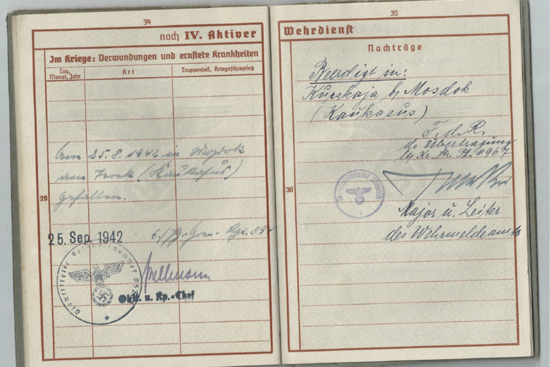 Wehrpass von Paul Baron von Hahn, dem Bruder der Mutter, der mit 18 Jahren im Kaukasus fiel.