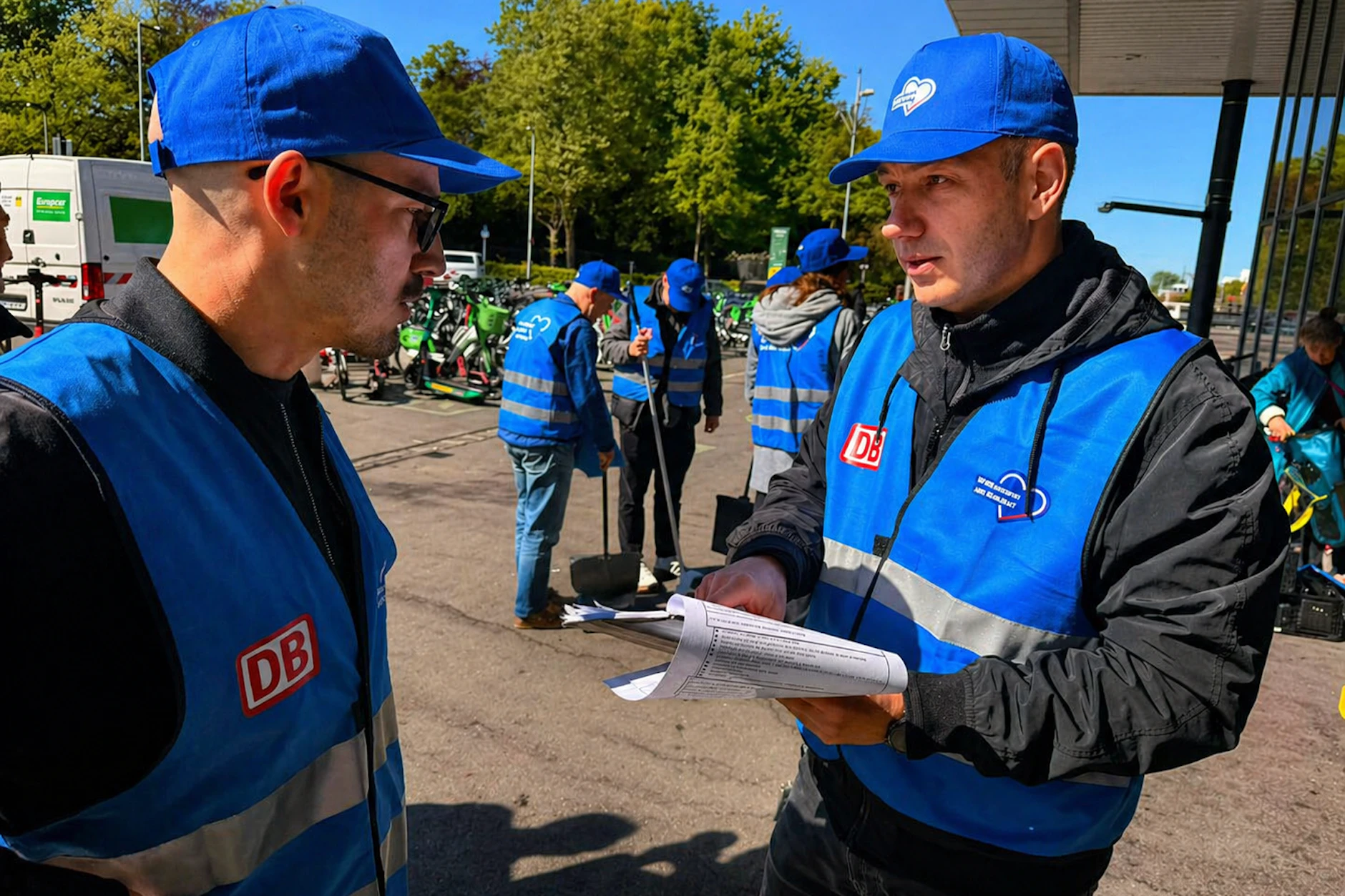 DB-Mitarbeiter Lars Lorenz (r.) weist einen Kollegen ein.