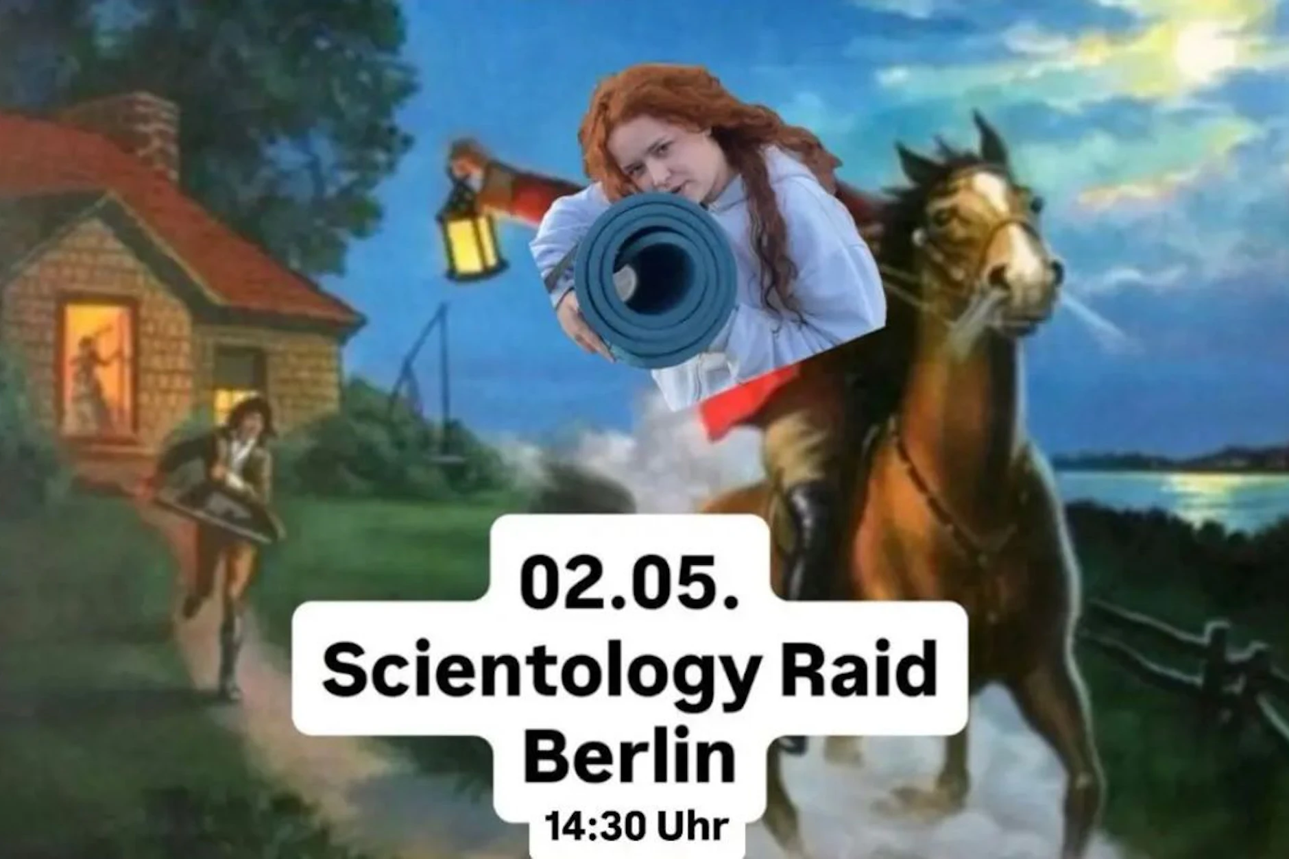 Lara ruft zum Scientology Raid in Berlin auf. Mit Isomatte steht sie im Foto vor dem Scientology-Gebäude in Charlottenburg.