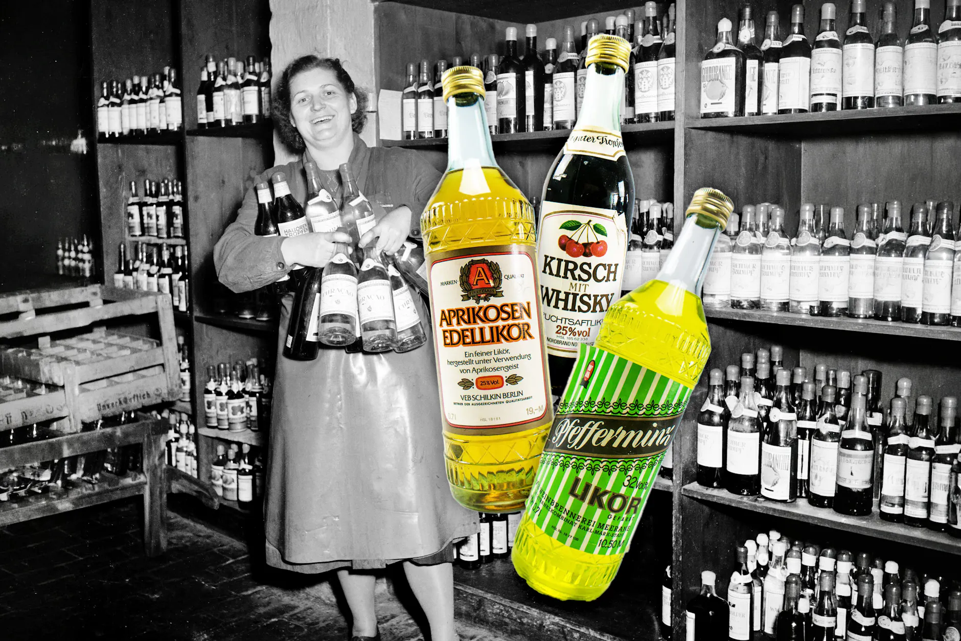 Eine Mitarbeiterin eines Spirituosenlagers in Sangerhausen mit Likörflaschen - Schnaps und Likör gab es zu DDR-Zeiten reichlich.