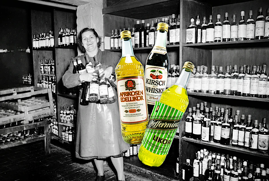Eine Mitarbeiterin eines Spirituosenlagers in Sangerhausen mit Likörflaschen - Schnaps und Likör gab es zu DDR-Zeiten reichlich.
