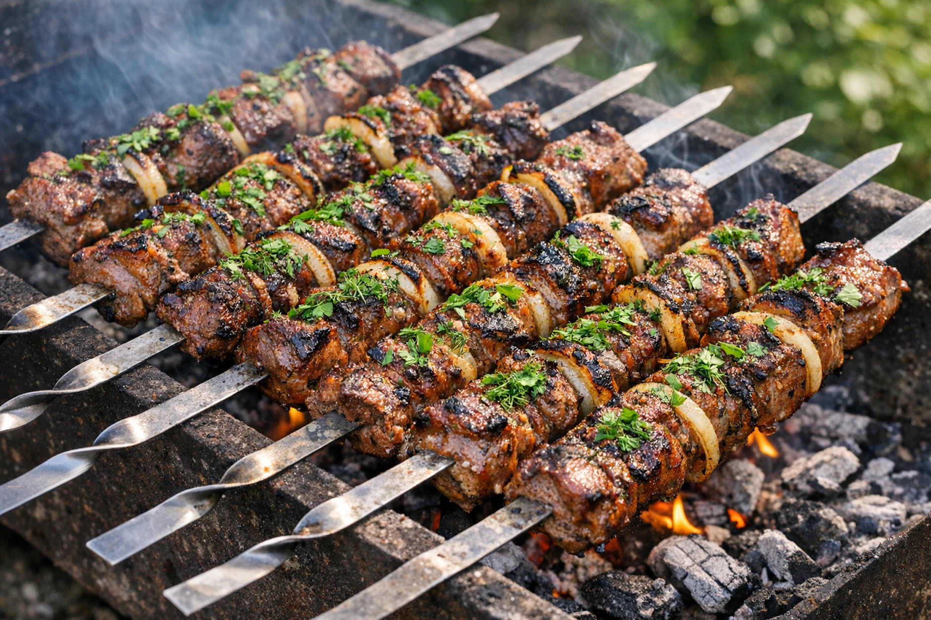 Am besten schmeckt Schaschlik „grusinisch“, wenn die Spieße direkt vom Holzkohlegrill kommen. Probieren Sie das Rezept mal aus!