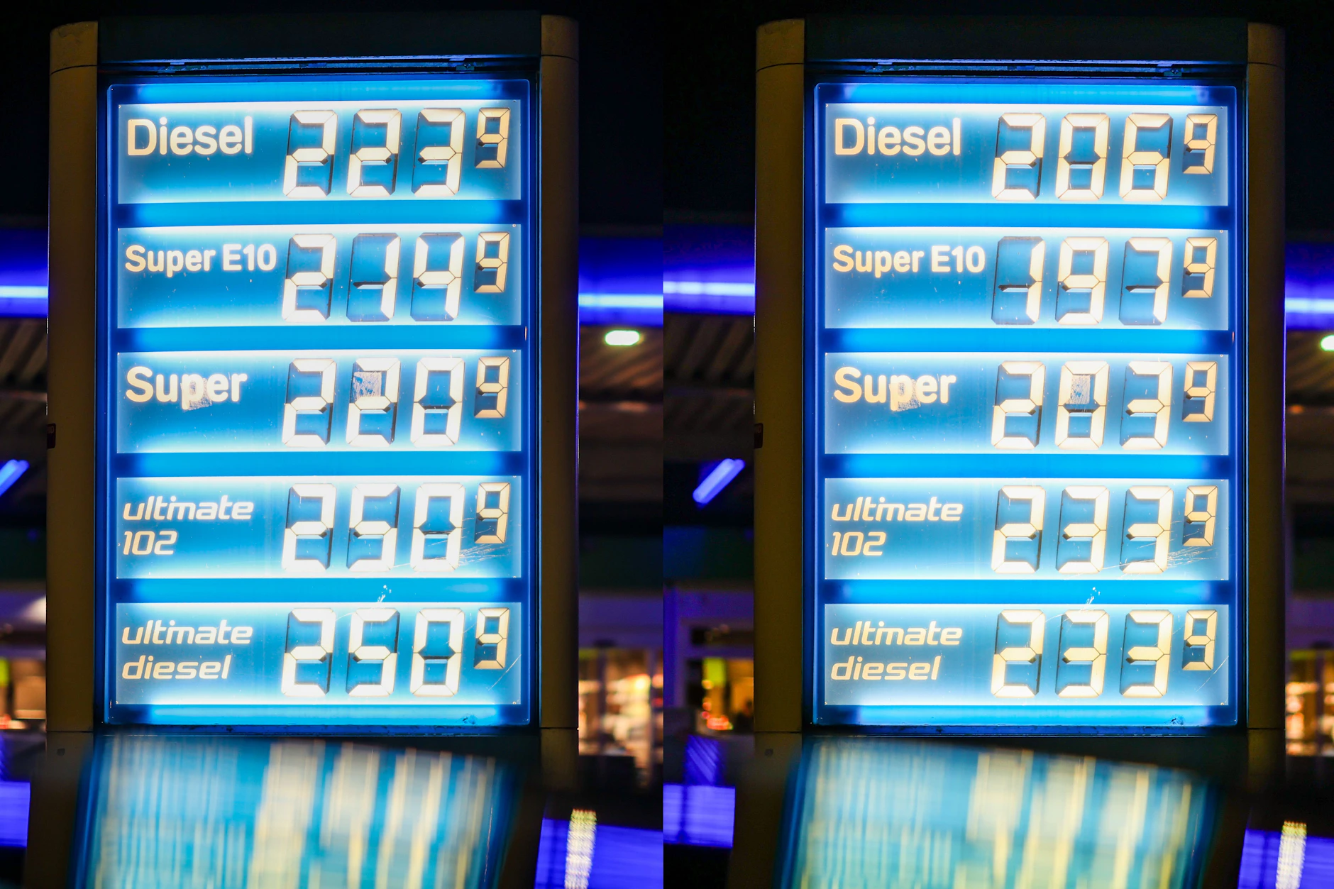 Preissenkung auch in Flensburg, Schleswig-Holstein, Flensburg: Der Monolith einer Tankstelle zeigt die Spritpreise um 23.55 Uhr am 30. April (li.) und um 00.03 Uhr am 1. Mai nach der Spritpreis-Senkung (re.). 
