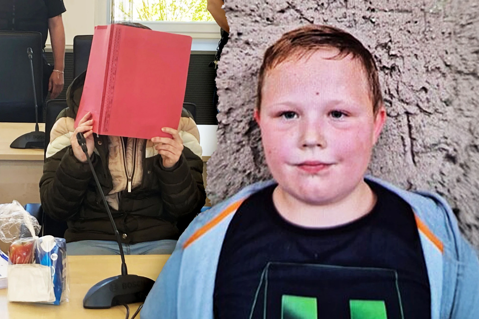 Die 30-jährige Angeklagte im Fall Fabian in Rostock hält sich im Gericht einen Ordner vors Gesicht. Sie wird verdächtigt, den kleinen Fabian aus Güstrow getötet zu haben. 
