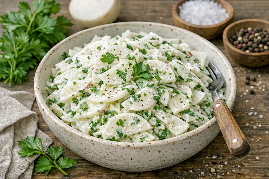 Frisch, knackig und cremig. Rettichsalat ist lecker und bietet mal eine Abwechslung zu Gurkensalat, der in vielen Haushalten besonders gern serviert wird.