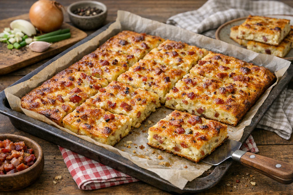 Sie können den Thüringer Speckkuchen auf einem Blech, aber auch in einer großen Springform backen. Dafür sollten Sie nur die Menge der Zutaten eventuell etwas reduzieren.