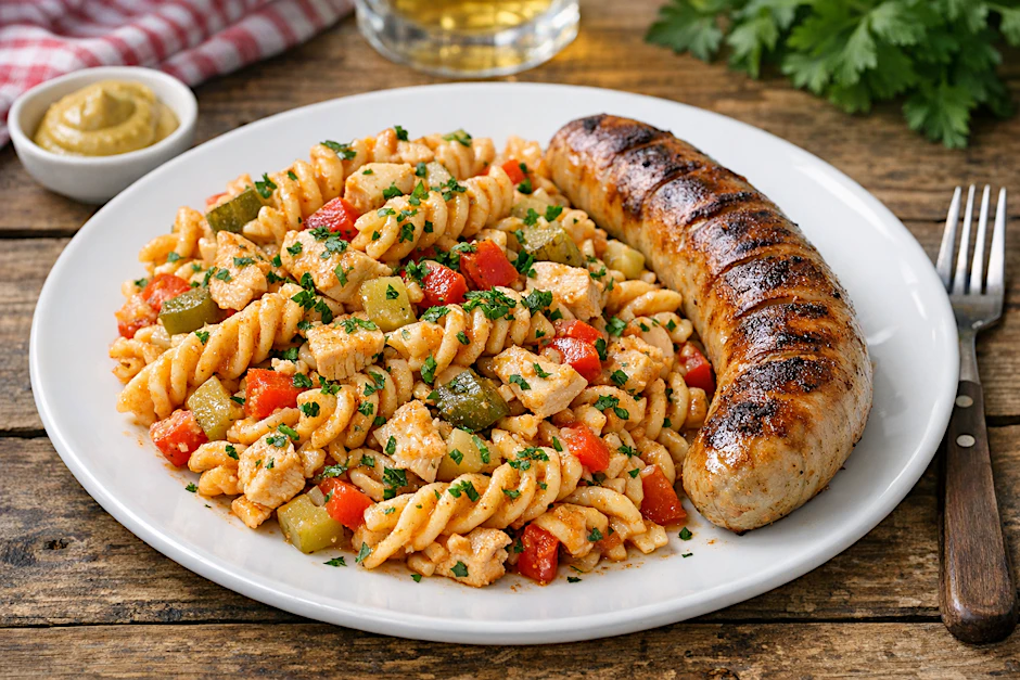 Fruchtige Papria und Gewürzgurken sorgen im fertigen Spirellisalat für den perfekten Geschmack. Zur Bratwurst passt dieser Nudelsalat aus der DDR ganz besonders gut.