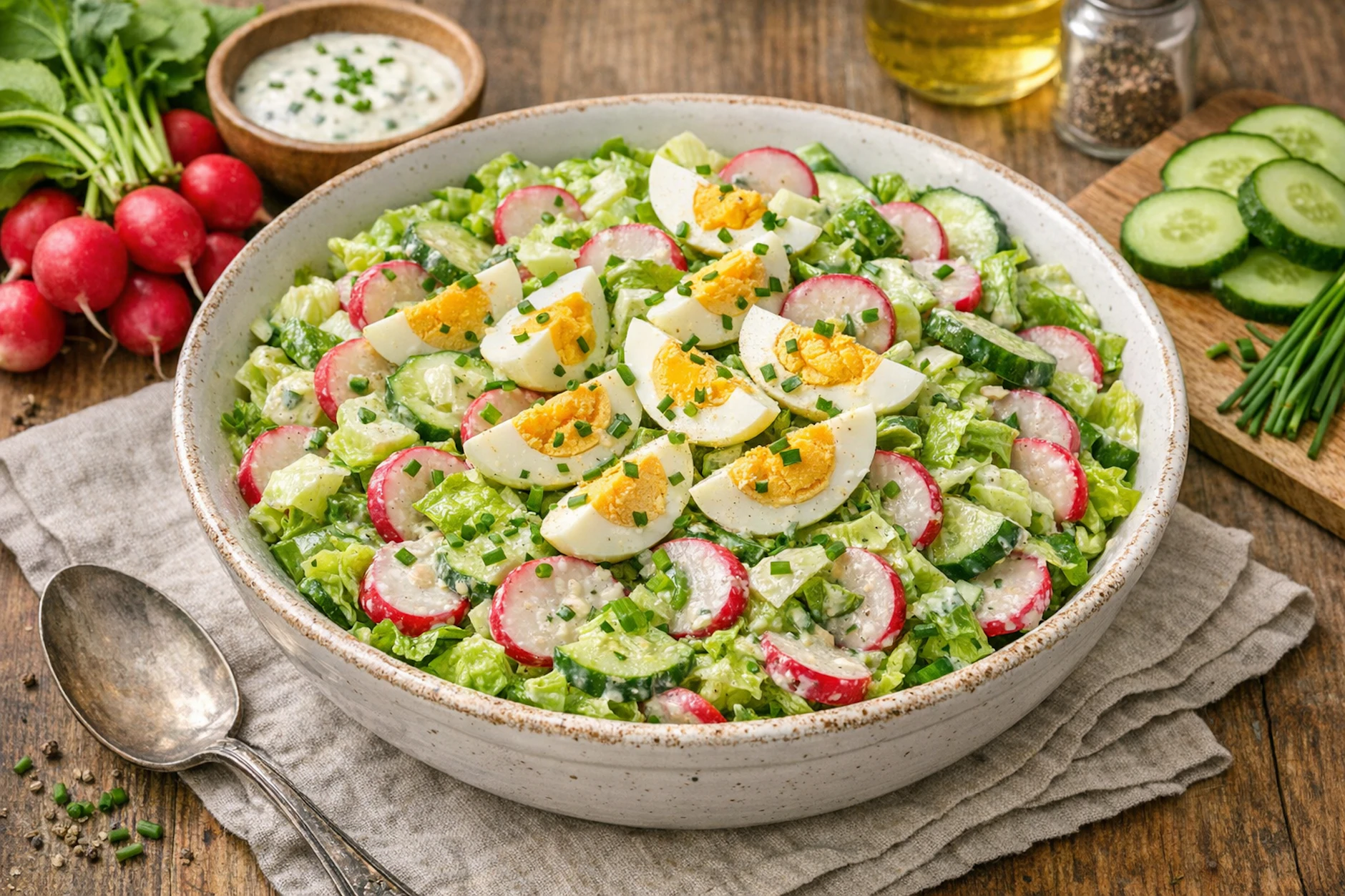 Frühlingssalat mit Blattsalat, Radieschen, Gurke und gekochten Eiern: Himmlischer Genuss für die ersten richtig warmen Tage des Jahres!