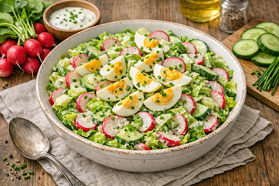 Frühlingssalat mit Blattsalat, Radieschen, Gurke und gekochten Eiern: Himmlischer Genuss für die ersten richtig warmen Tage des Jahres!