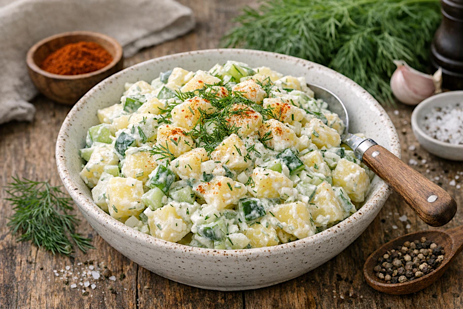 Lecker, leicht und frisch: Kartoffelsalat mit Gurke und Joghurtdressing macht die Grill-Beilage zum perfekten Genuss für warme Tage.