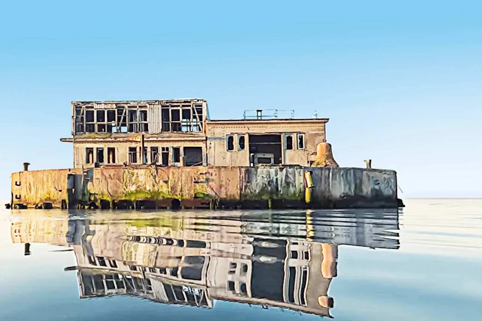 Heute nur noch ein Lost Place: Ostervilm wird am 4. Juni versteigert. Auf der Betonplattform im Greifswalder Bodden sieht man einen alten Campinganhänger und eine Glockenskulptur.