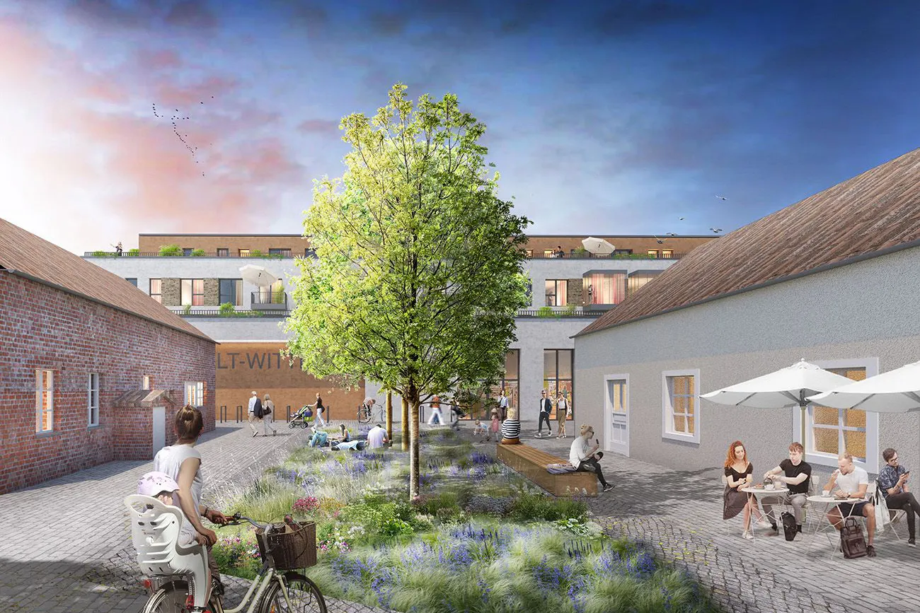 Der Innenhof der Anlage wird begrünt, mit Sitzgelegenheiten, Tischtennisplatte und viel Platz zum Durchatmen.