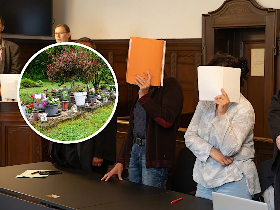 Die Angeklagten Reiner F. (l.) und Christiane F. vor Gericht wegen der Plünderung von Friedhöfen.