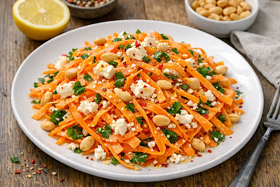 So haben Sie Möhrensalat garantiert noch nie gegessen: Mit Fetakäse, Erdnüssen und einer würzigen Vinaigrette ist dieser Rohkostsalat ein echter hit.