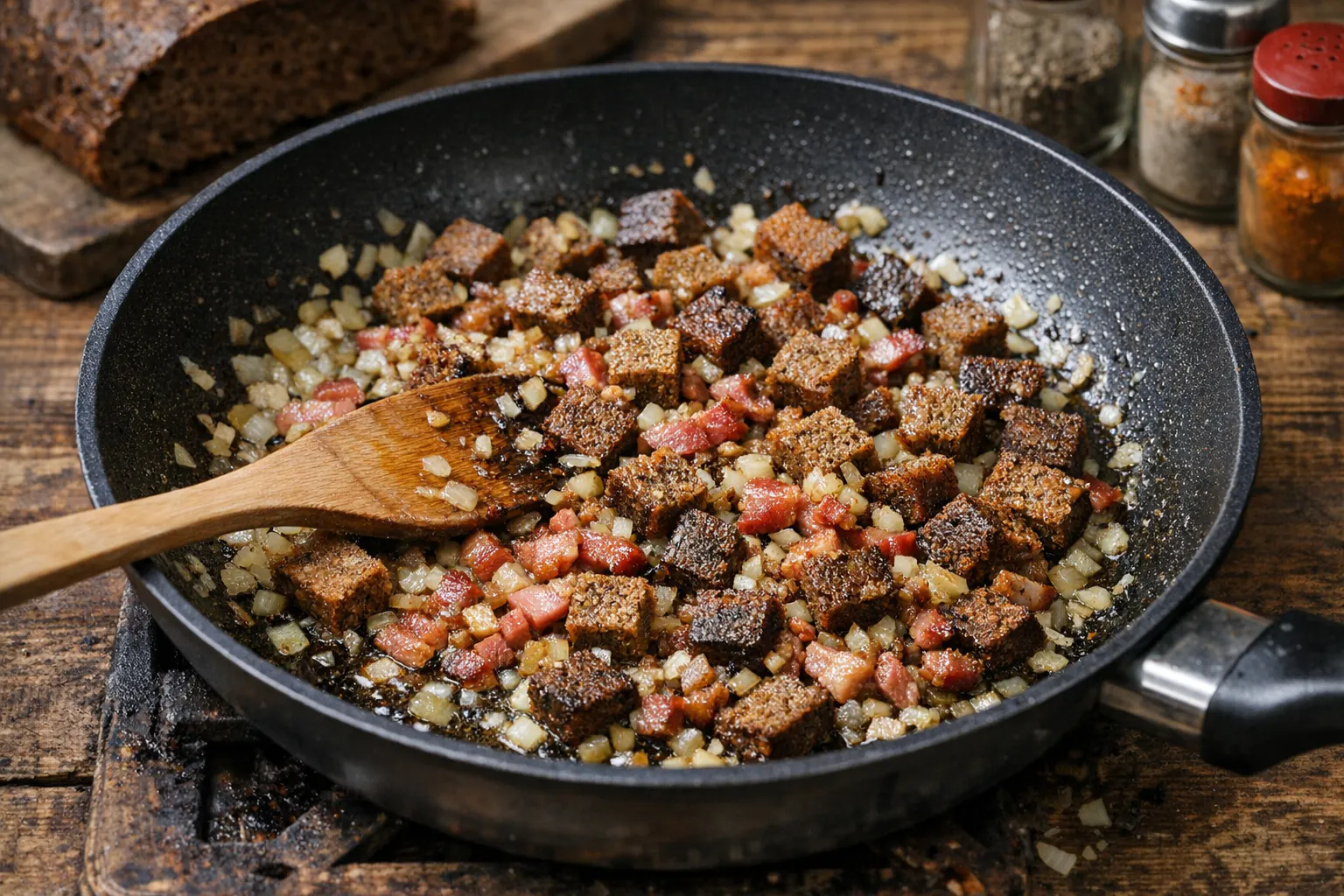 Das Brot für die delikate Brotsuppe von Kurt Drummer wird angeröstet, dann mit Fleischbrühe aufgegossen und verfeinert. Einfach lecker!