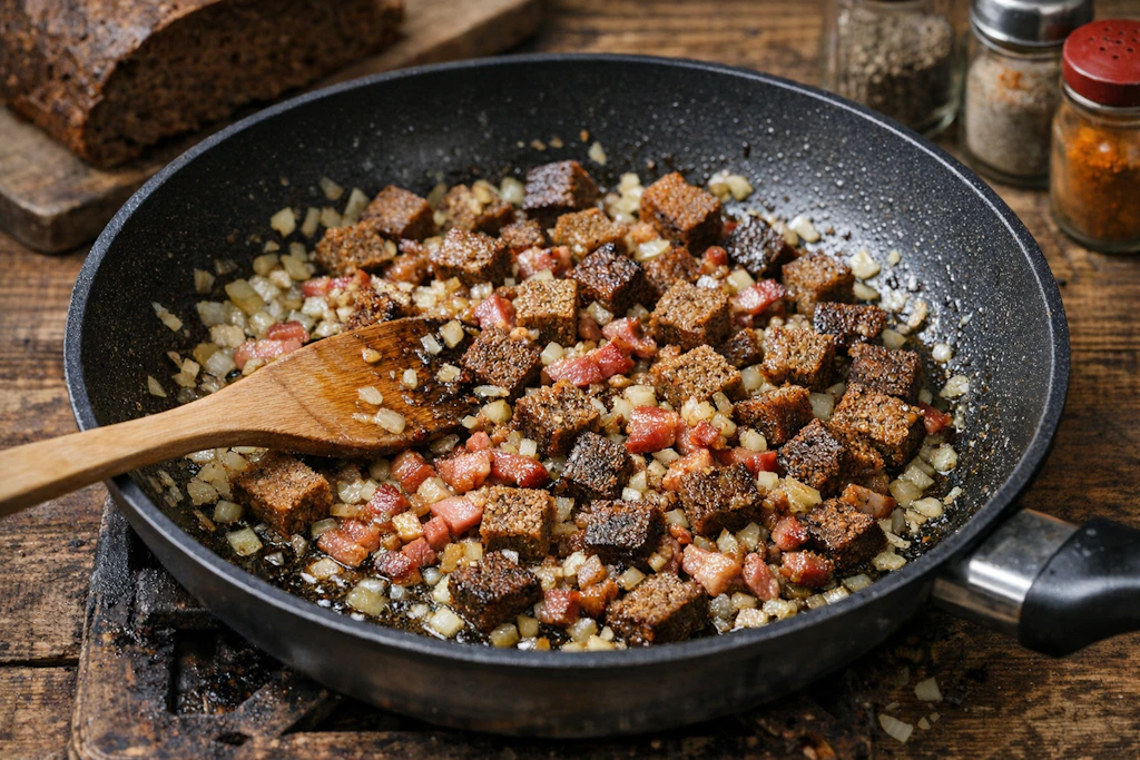 Das Brot für die delikate Brotsuppe von Kurt Drummer wird angeröstet, dann mit Fleischbrühe aufgegossen und verfeinert. Einfach lecker!