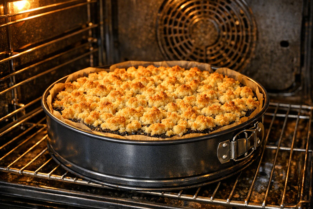 Der Mohnkuchen wird im Ofen gebacken, bis die Streusel auf der Oberfläche goldbraun sind. Der Kuchen ist einfach lecker und dazu noch schnell gemacht.