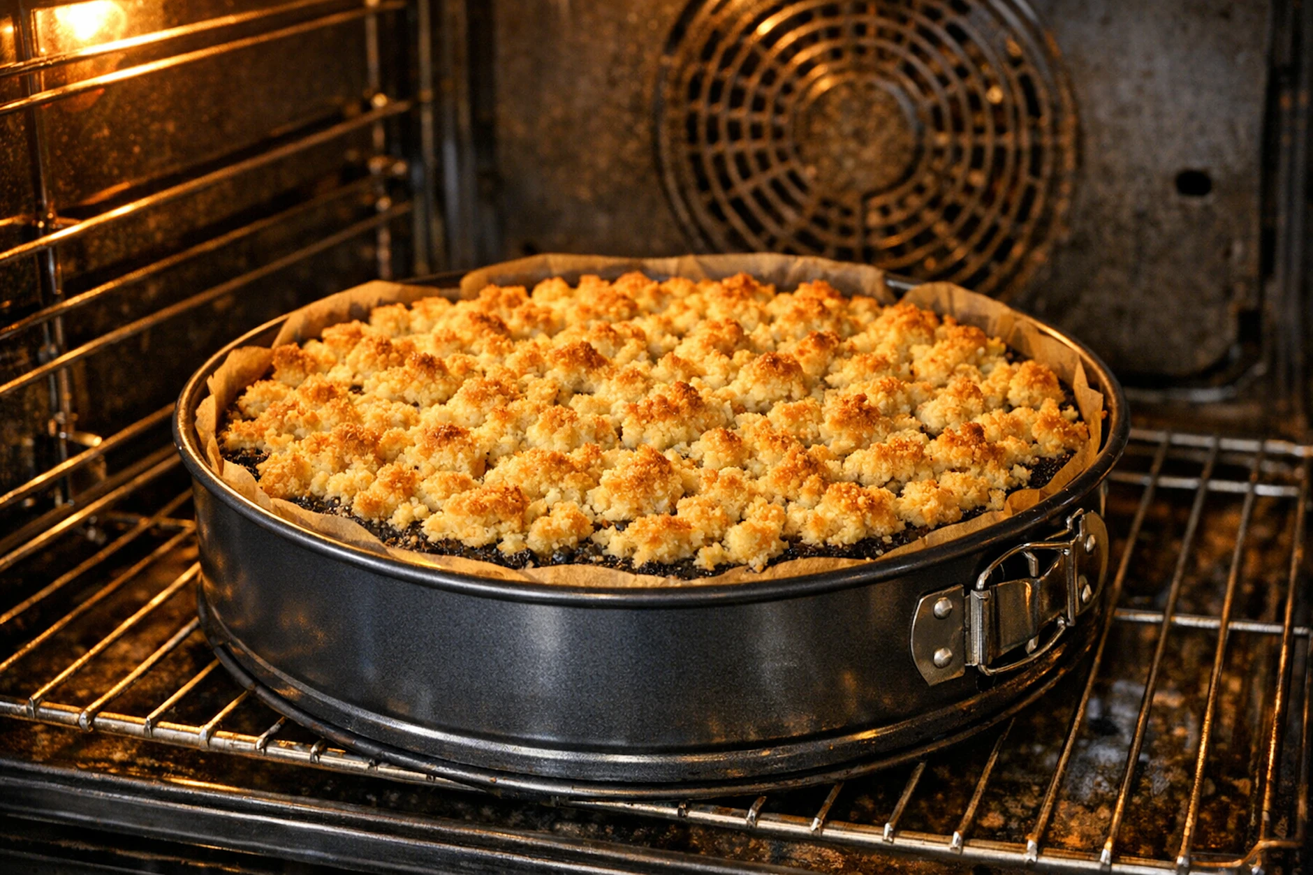Der Mohnkuchen wird im Ofen gebacken, bis die Streusel auf der Oberfläche goldbraun sind. Der Kuchen ist einfach lecker und dazu noch schnell gemacht.