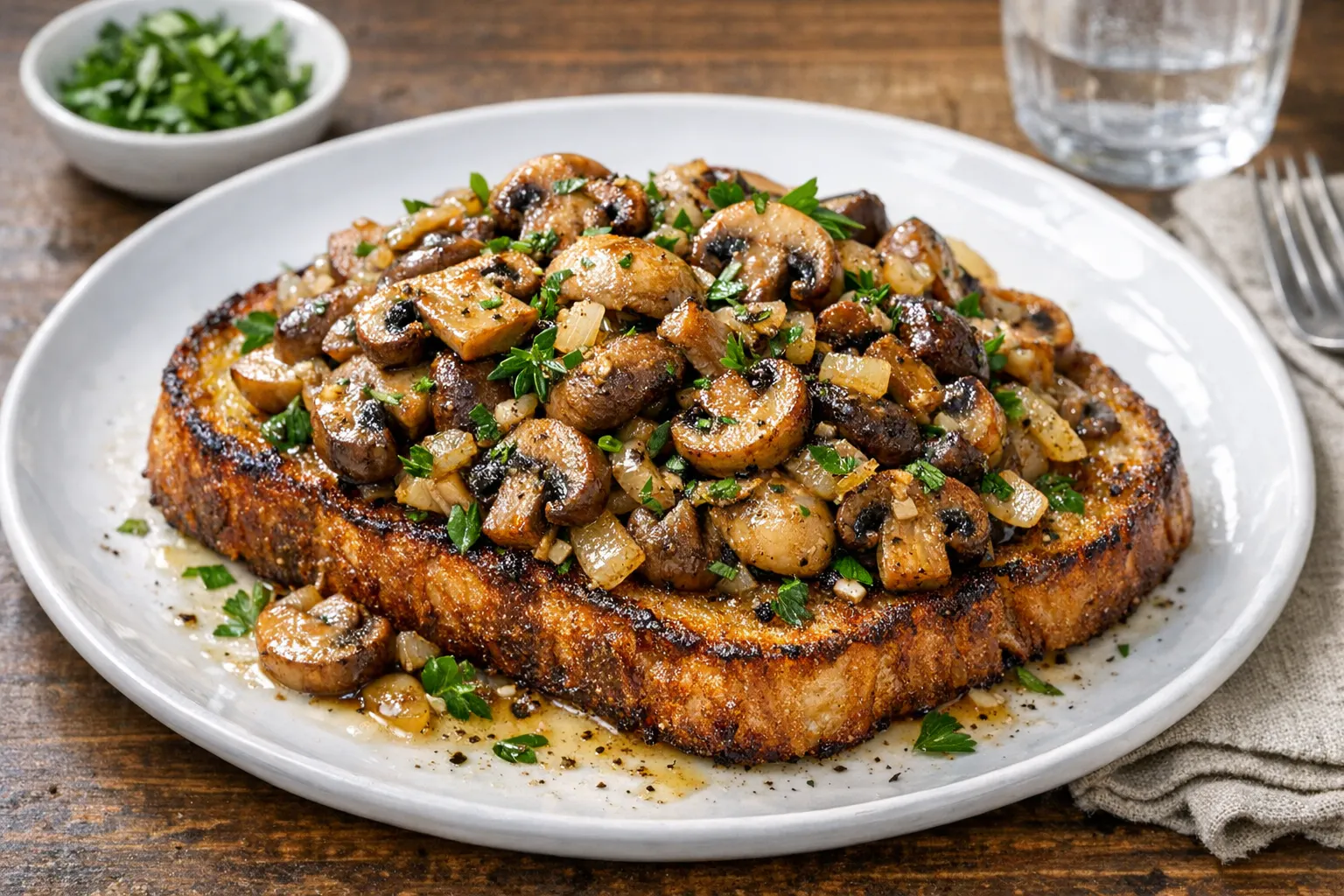 Auch mit einer leckeren Pilzpfanne kann man die Bratstulle anrichten. So wird die einfache Scheibe Brot zum echten Gourmet-Essen!